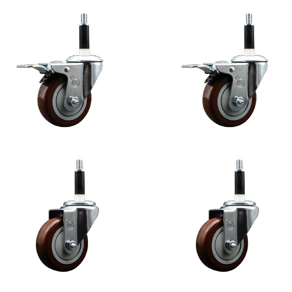 Service Caster 3.5'' Maroon Poly Swivel 7/8'' Expanding Stem Caster Set 2 Total Lock Brakes, 4PK SCC-EXTTL20S3514-PPUB-MRN-2-S-2-78 - main